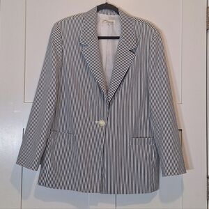 Vintage Norm Thompson Seersucker Blazer Single Button Pockets Size 14 Blue White